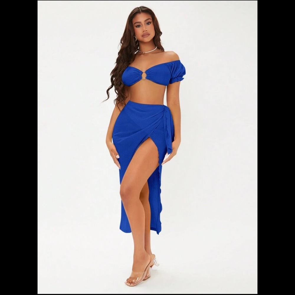 Royal blue two piece crop top wrap skirt